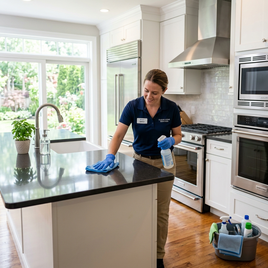 Expert cleaner sanitizing a bright modern home kitchen